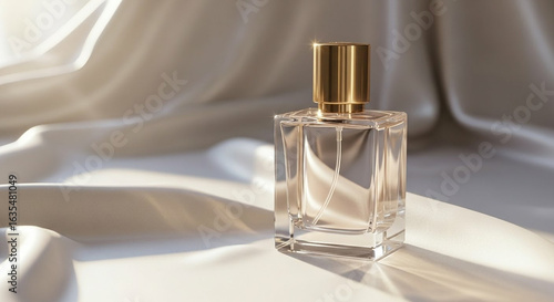Elegant perfume bottle on draped fabric