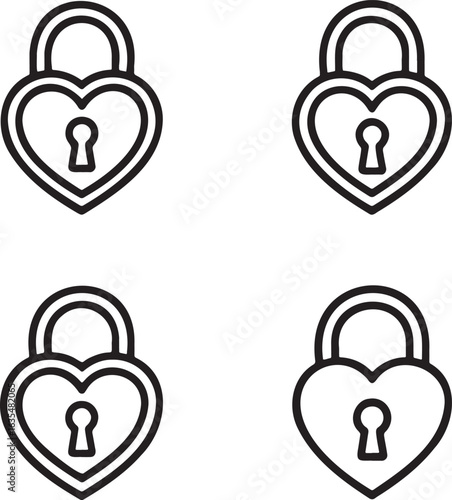 Set of Heart Shaped Padlock Outline vector illustration isolated On Transparent Background