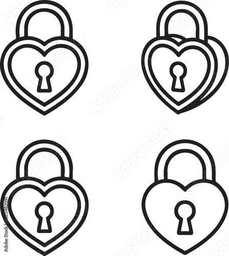 Set of Heart Shaped Padlock Outline vector illustration isolated On Transparent Background