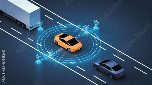 Orange autonomous car surrounded by blue sensor waves on highway self driving technology
