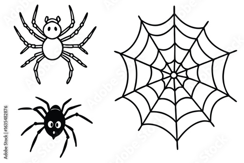 Black and white cartoon spiders and spiderweb icon set cobweb