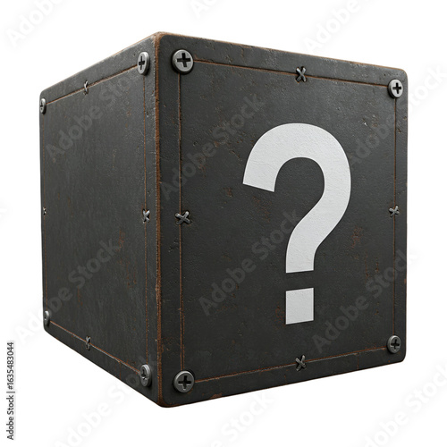 Isolated 3D Illustration Of A Metal Cube With White Question Mark Symbol
