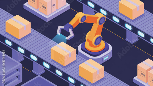 Orange robotic arm moving cardboard boxes on conveyor belts industrial automation factory