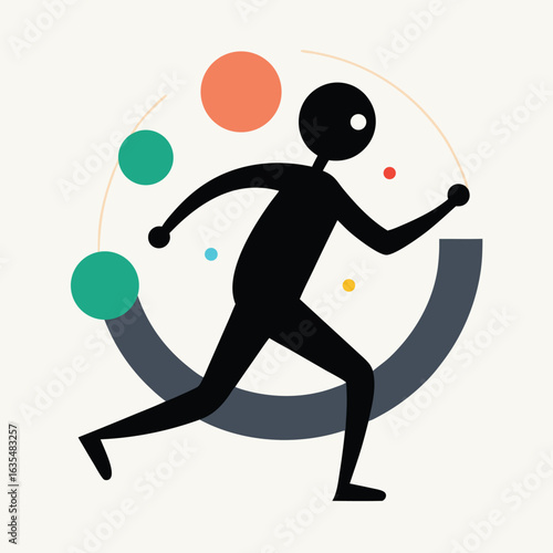 Stylized black figure running with colorful circles and abstract shapes person silhouette