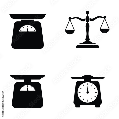 Four Different Black and White Scale Icons for Measurement and Balance, Flat vector 