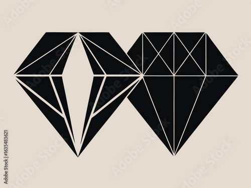 Two geometric black diamonds side by side on a neutral background white lines