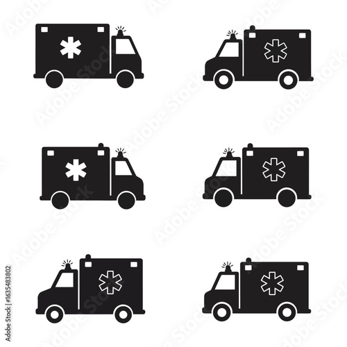 Ambulance Icons Set Emergency Medical Vehicle Silhouette Collection for Healthcare Professionals, Flat vector 