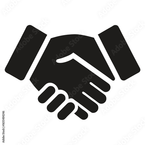 Clean black and white vector illustration of two hands firmly shaking in agreement and partnership