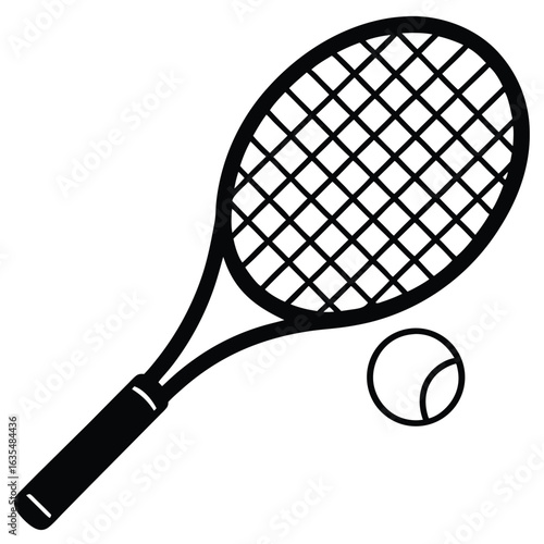 A detailed black and white line drawing of a classic tennis racket with a clean minimalist aesthetic for sports graphics