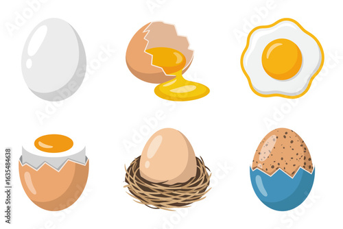 Egg icon set, whole and cracked eggs, fried egg vector, breakfast food illustration, fresh egg collection