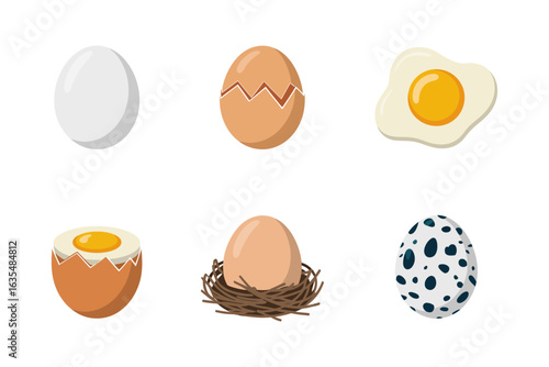 Eggs in nest illustration, cracked egg vector, fried egg icon, breakfast food set, natural egg design