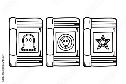 Three black and white vector illustrations of spooky books with symbols ghost star