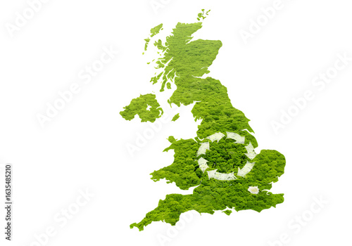 Illustration of United Kingdom Map with Green Forest and Recycling Symbol