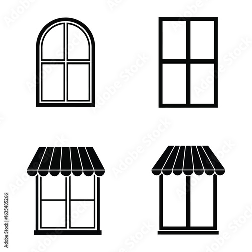 Four Simple Black Window and Awning Icons, Flat vector 