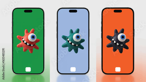 Three phones displaying cartoon monsters mobile devices red monster
