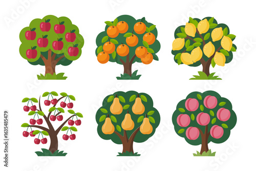 Apple and pear tree icons, fruit tree vector, orchard illustration, garden fruit collection, colorful tree set