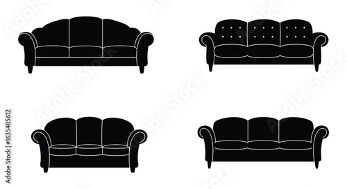 Collection of Four Different Sofa Silhouettes in Black and White Style, Flat vector 