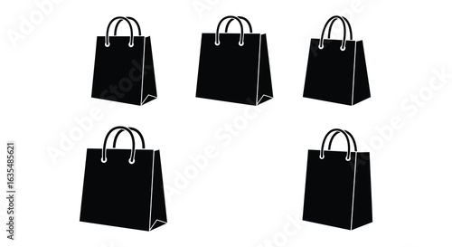 Five black shopping bags arranged on a white background in a pattern, Flat vector 