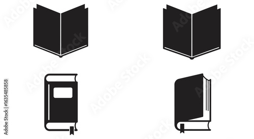 Black and white book icons representing reading knowledge and education symbols, Flat vector 
