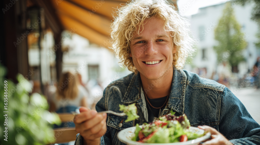 Fototapeta premium Young man eating fresh salad outdoors smiling happily in casual denim jacket enjoying healthy meal in sunny cafe