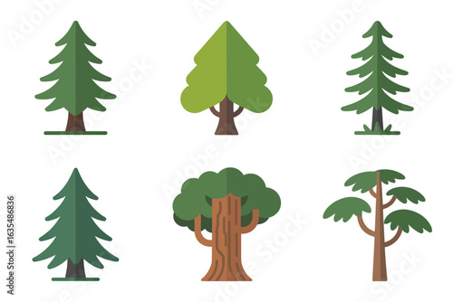 Coniferous and deciduous tree icons, forest plant vector, woodland tree illustration, nature collection, green tree set