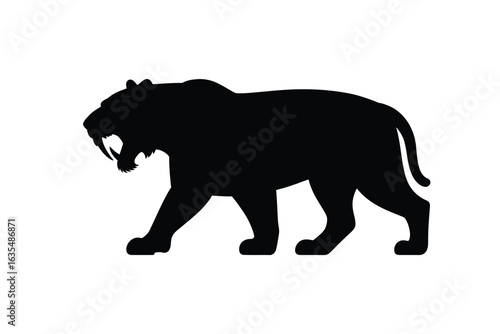 Silhouette of a saber toothed cat in profile