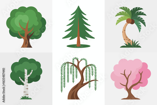 Nature tree icon set, oak palm willow vector, landscape plant illustration, green tree collection, botanical design