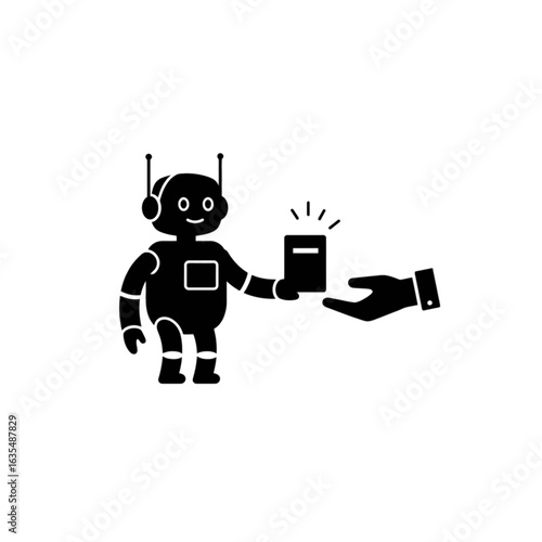 A friendly black robot silhouette with antennae handing a glowing digital device to a human hand.