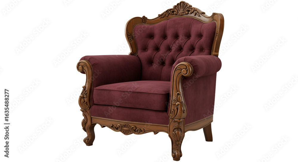 Fototapeta premium Isolated 3D Render of a Burgundy Velvet Armchair with Wooden Frame