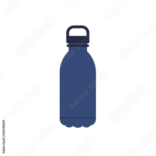 Dark blue reusable water bottle with a D-shaped handle and scalloped base, flat vector icon.