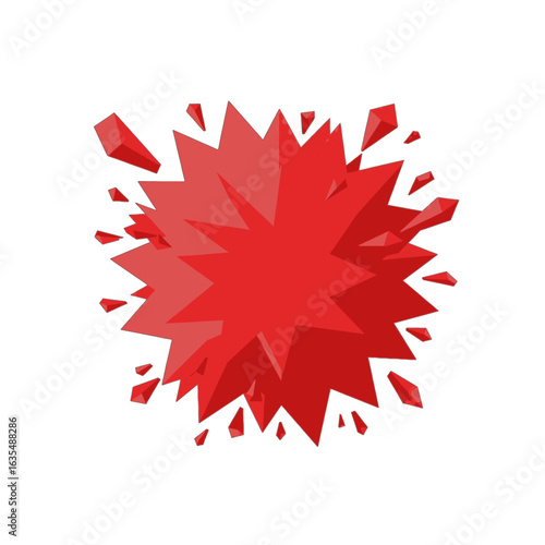 Dynamic red 3D starburst explosion with sharp, flying fragments