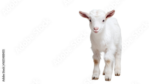 A young white goat kid stands isolated on a white background, showcasing its fluffy coat and innocent expression.