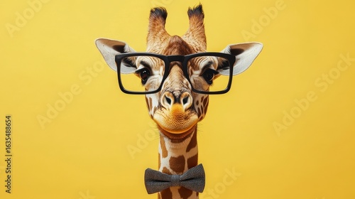 A giraffe wearing glasses and a bow tie against a solid yellow background looking at the camera