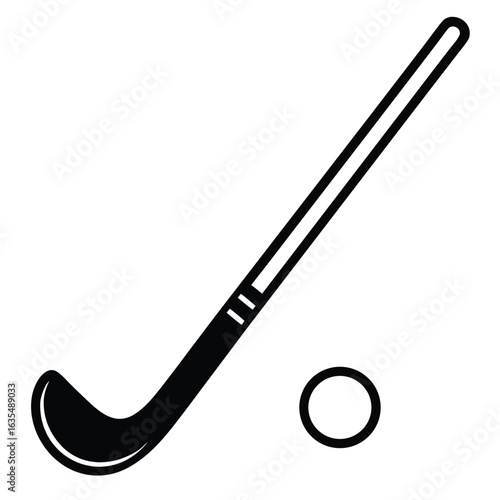 A clean line drawing illustration of a field hockey stick with a ball suitable for sports graphics and branding