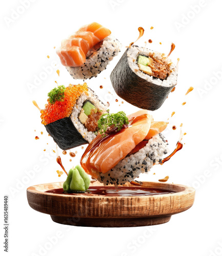 Assorted sushi rolls in mid-air, exploding with splashes, over a wooden plate