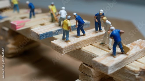 A group of small figurines are working on a wooden bridge. Scene is one of teamwork and collaboration, as the figurines are all working together to complete the task