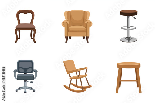 Office chair and rocking chair icons, modern furniture vector, home seating illustration, armchair and stool set, interior design collection