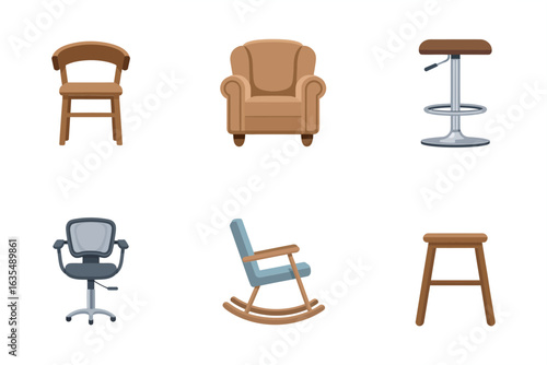 Office chair and rocking chair icons, modern furniture vector, home seating illustration, armchair and stool set, interior design collection