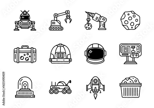 Space Exploration & Robotics Vector Icon Set | Bold Line Style | Robot, Rover, Spacesuit, Rocket, Satellite, Astronaut, Space Station Icons

