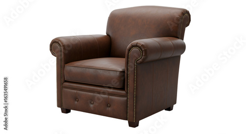 Isolated Brown Leather Armchair Studio Shot on Transparent Background