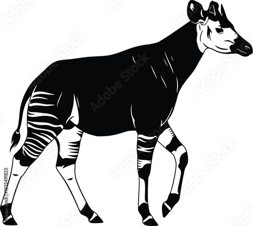 An elegant okapi strides gracefully, its unique striped legs and gentle demeanor captured in a timeless vector illustration 