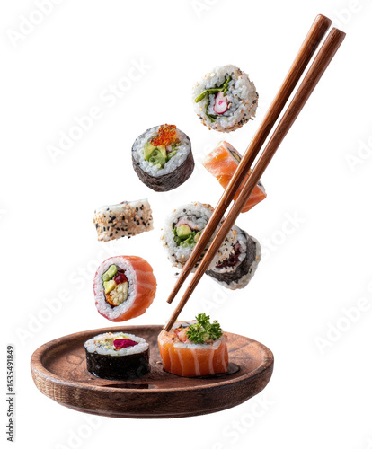 Assorted sushi rolls in mid-air, caught by chopsticks over a wooden plate