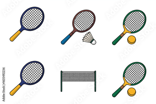 Table tennis and badminton icon set, racket net ball vector, sports equipment illustration, indoor game collection, active sports design