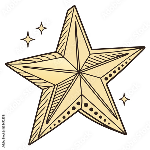 Elegant golden star vector graphic with decorative lines and dots. Suitable for awards, certificates, invitations, and festive designs.
