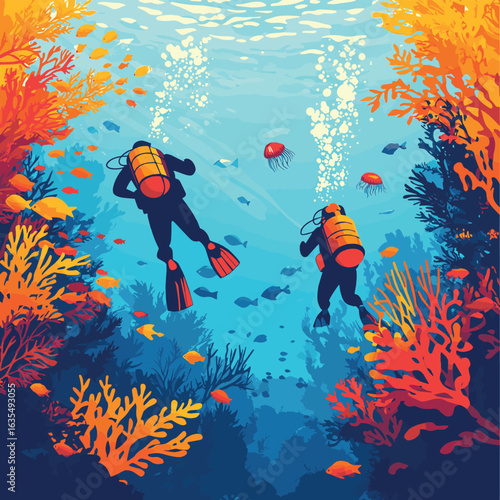Two scuba divers swim near coral reef with vibrant fish, sea plants, and jellyfish in a bright underwater seascape. Vector illustration, vector style simple color
