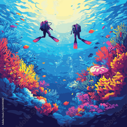 Two scuba divers swim near coral reef with vibrant fish, sea plants, and jellyfish in a bright underwater seascape. Vector illustration, vector style simple color