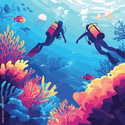 Two scuba divers swim near coral reef with vibrant fish, sea plants, and jellyfish in a bright underwater seascape. Vector illustration, vector style simple color