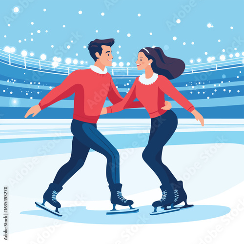 Couple figure skating on indoor ice rink, flat graphic style, with blue stadium background, concept of sport, performance and teamwork