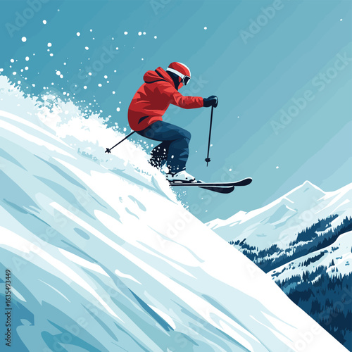 Skier in red jacket mid-air doing a trick over snowy mountain slopes, flat graphic style, light blue sky background, concept of winter sports