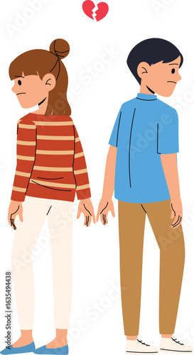sad couple separate with broken heart, unhappy woman and man break up,  end of relationship, man and female character quarrel and divorce, relationship difficulties issue illustration 